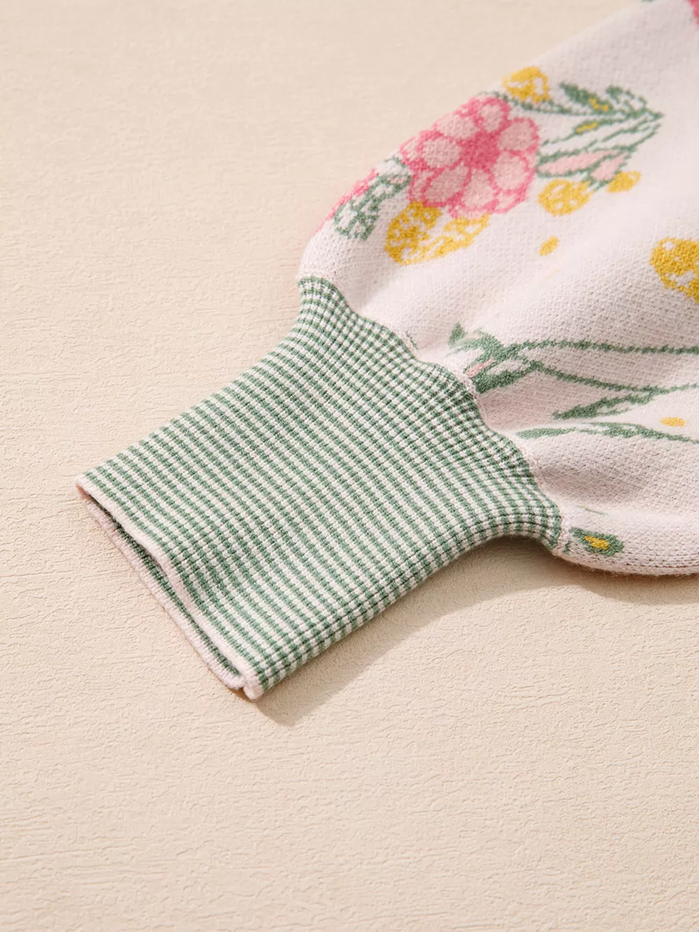 Floral Pattern Striped V Neck Loose Sweater, image 3