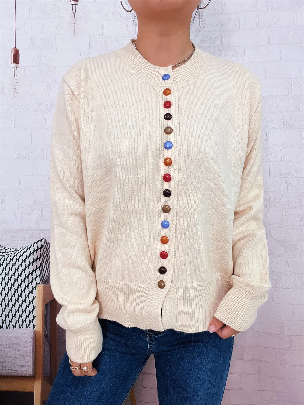 Button-Front Cardigan with Colorful Detail Buttons, image 8