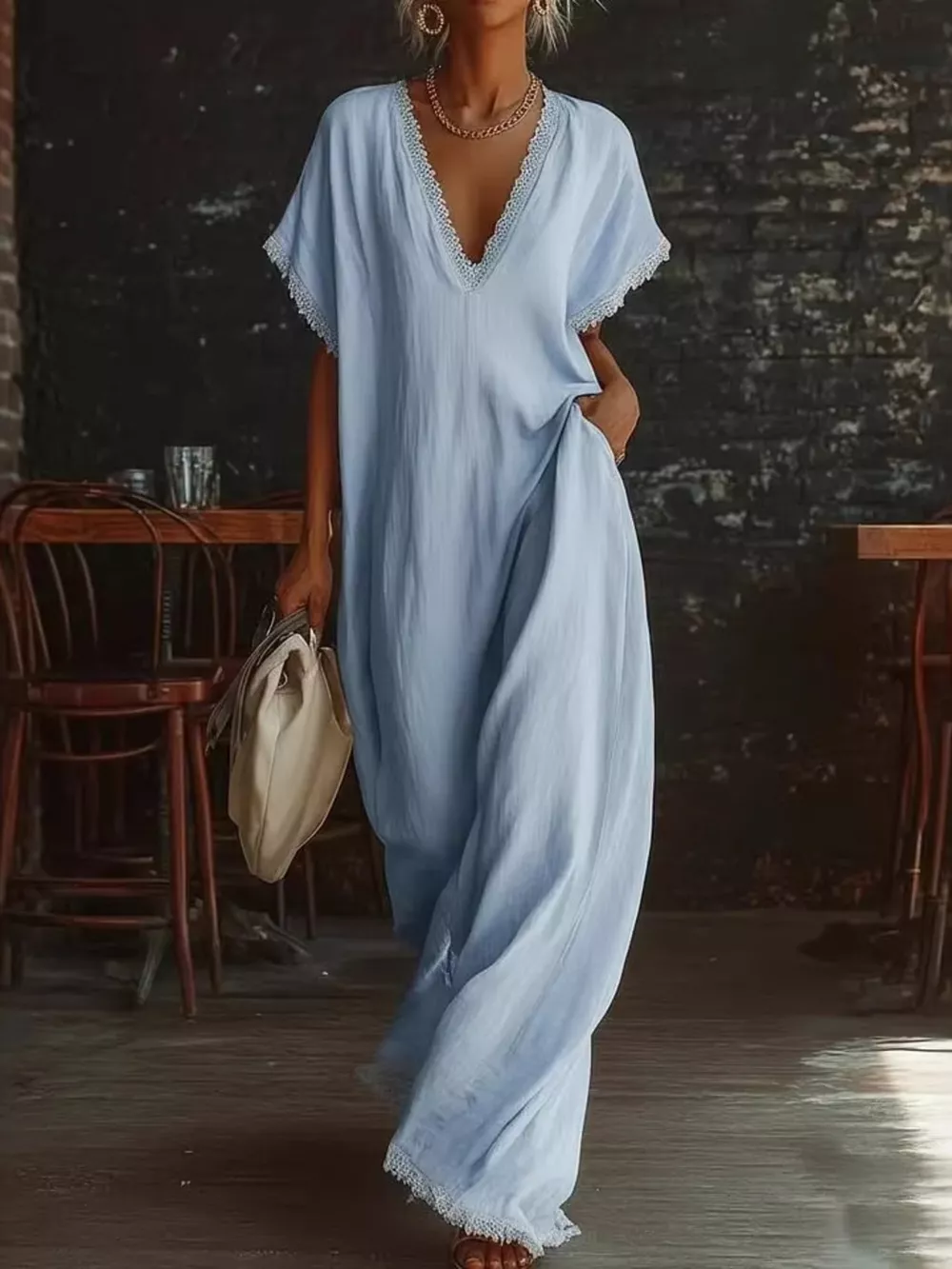 Full Size Lace Trim V-Neck Maxi Dress Plus Size, image 4