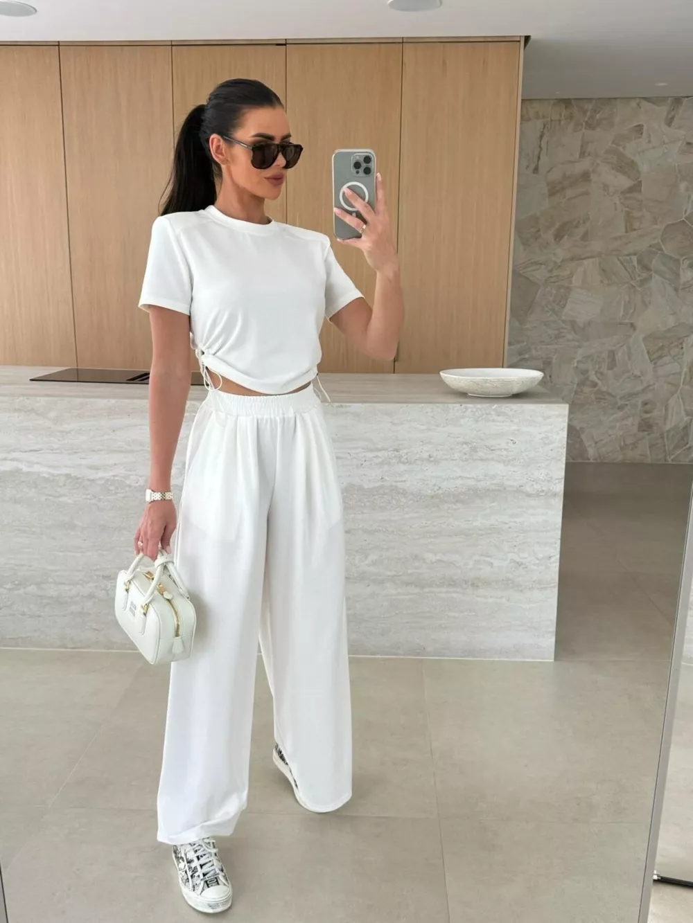 Drawstring Crop Top and Wide-Leg Pants Set, image 2