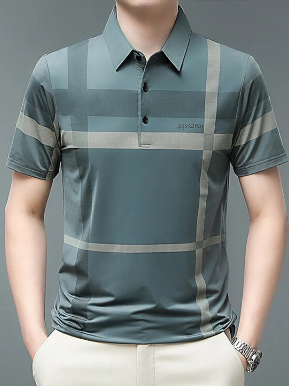 Men's Plus Size Geometric Striped Short Sleeve Polo, image 2