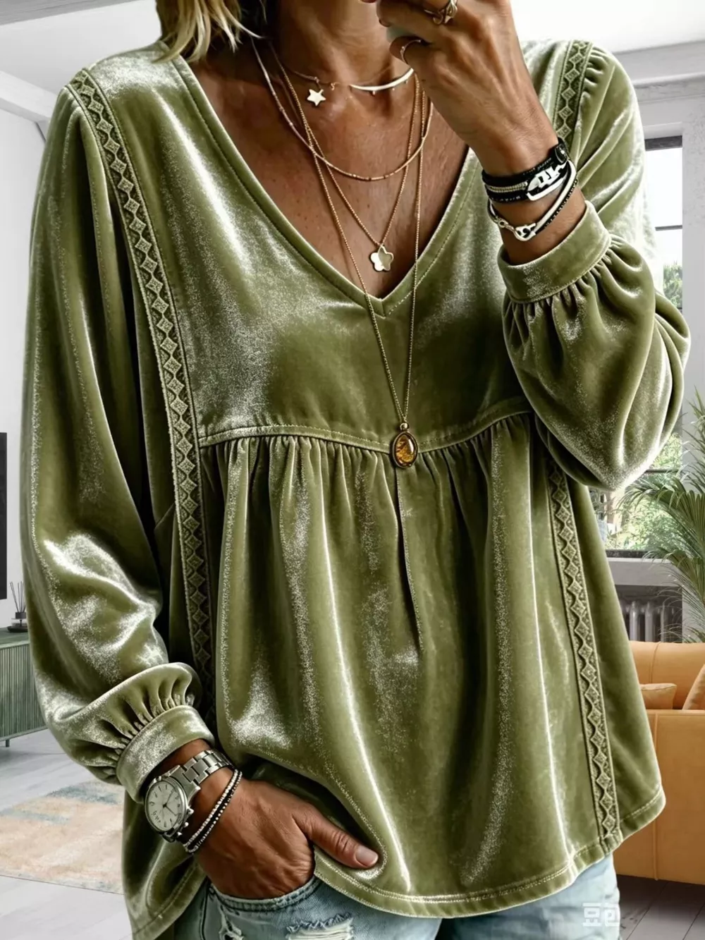 Full Size Velvet Lace Detail V-Neck Blouse Plus Size, image 13