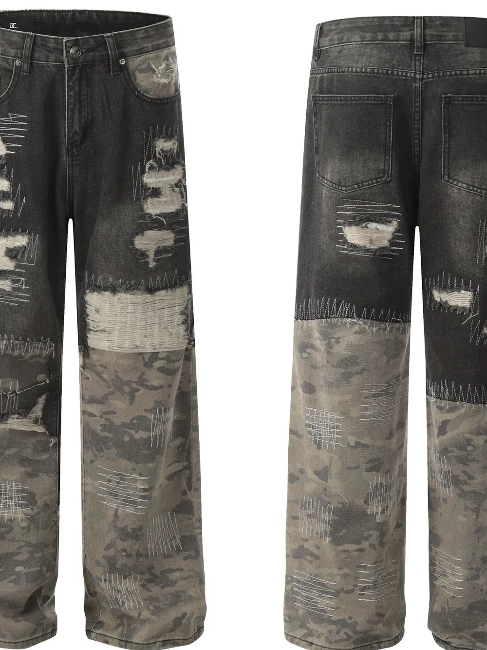 Men's Distressed Camouflage Patchwork Jeans, image 5