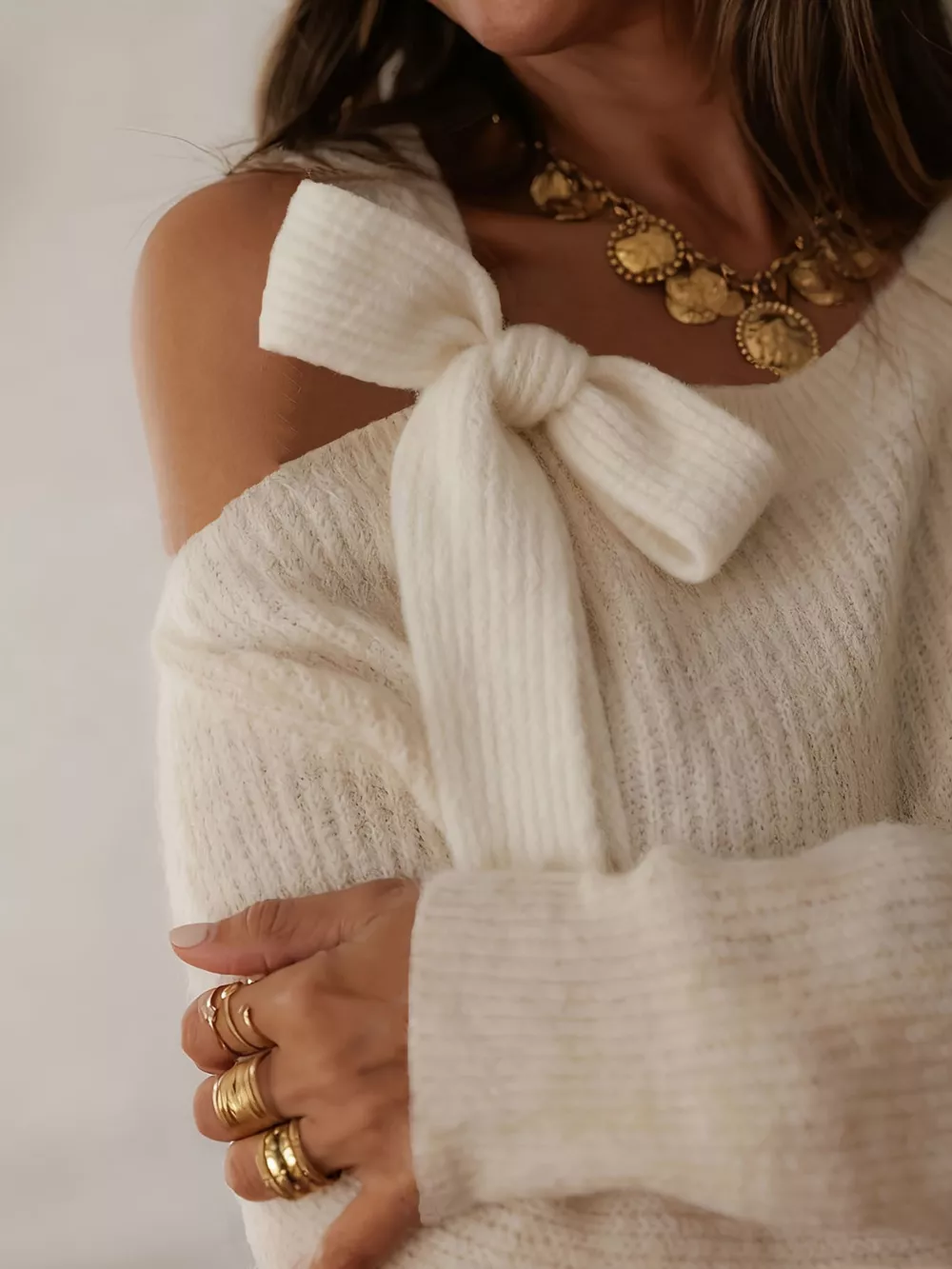 Bow-Accent One-Shoulder Sweater, image 4