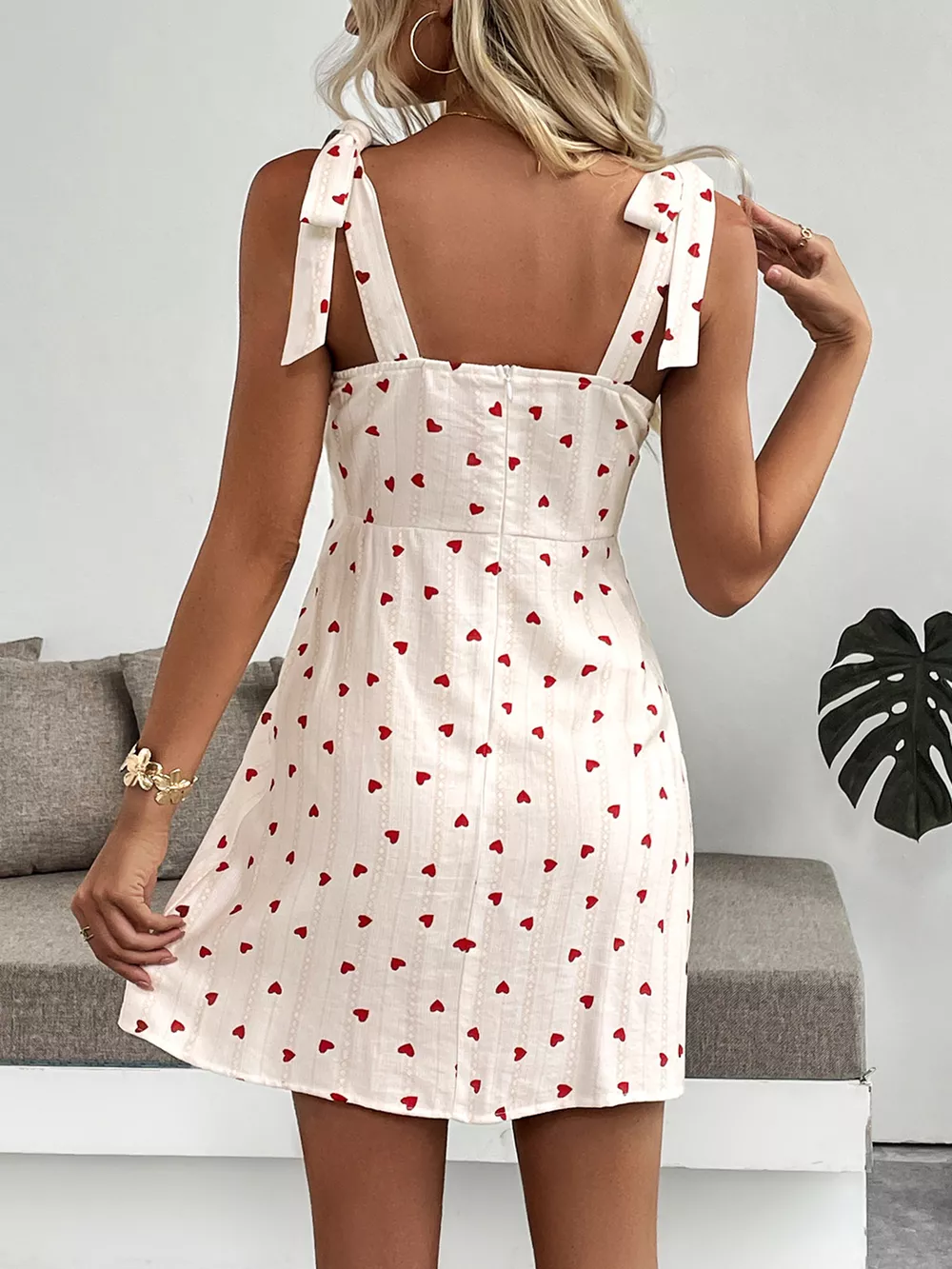 Heart Print Tie Shoulder A-Line Mini Dress, image 6