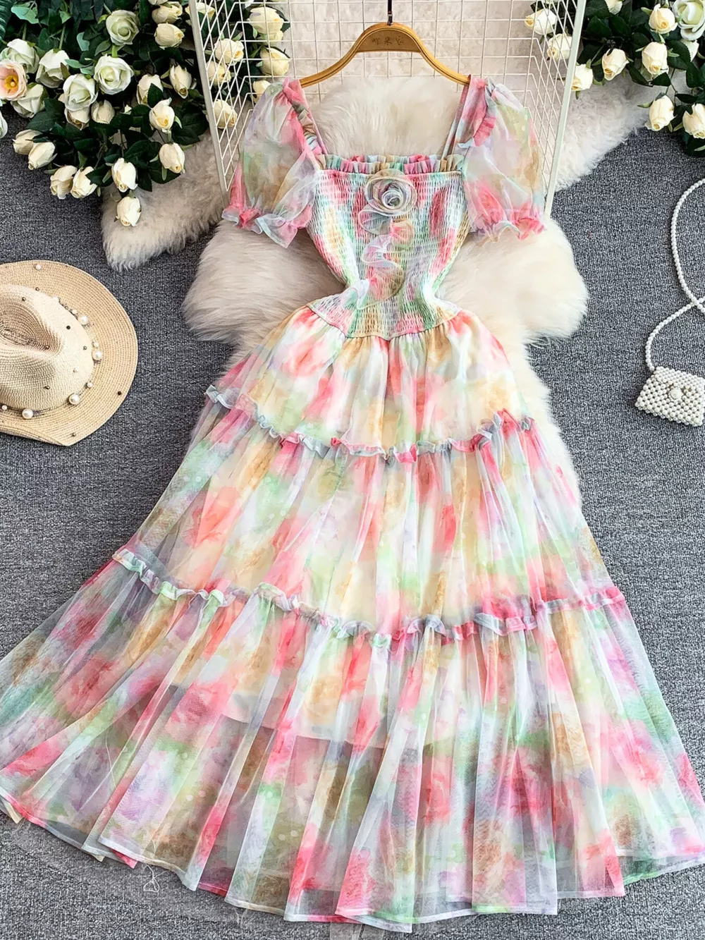 Smocked Floral Tiered Mesh Midi Dress, image 21