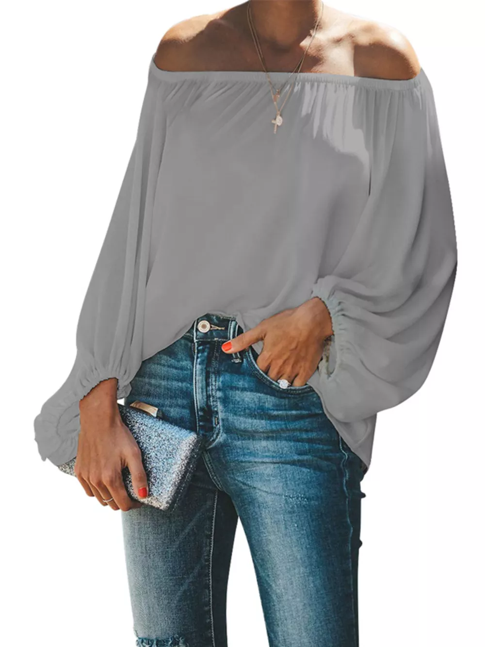 Full Size Off-Shoulder Balloon Sleeve Blouse Plus Size, image 9