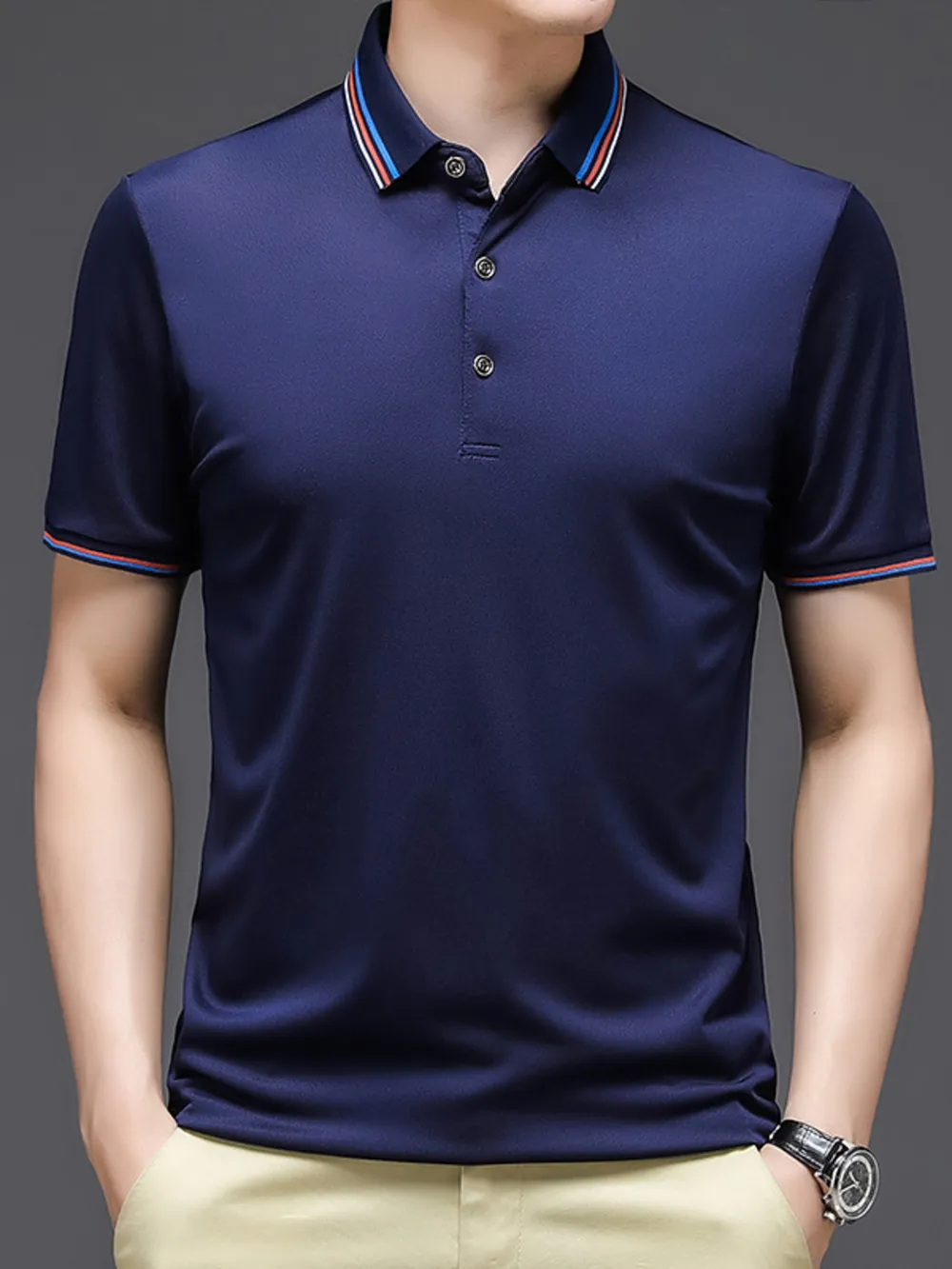 Men's Plus Size Contrast Striped Collar Short Sleeve Polo, image 6