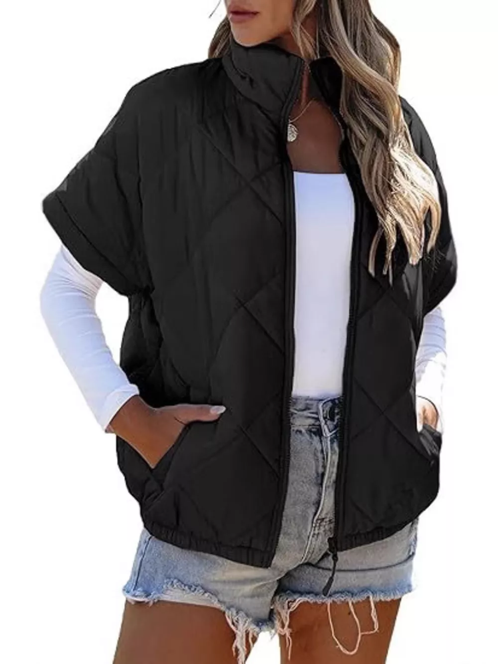 Quilted Zip Up Short Sleeve Winter Coat, image 11