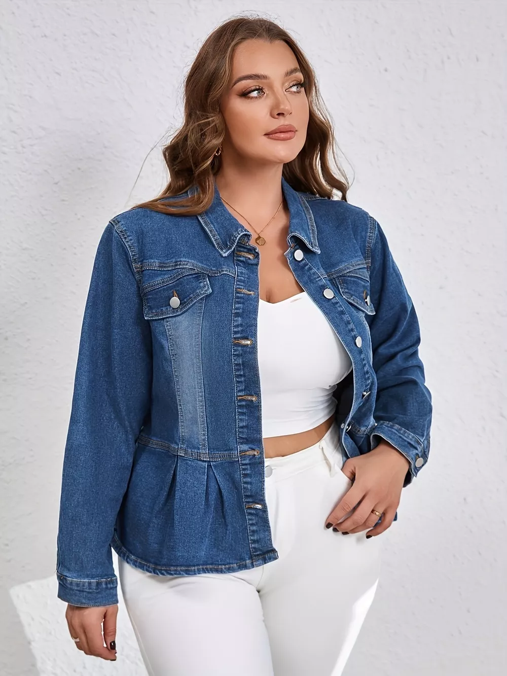 Plus Size Button-Up Peplum Denim Jacket, image 2
