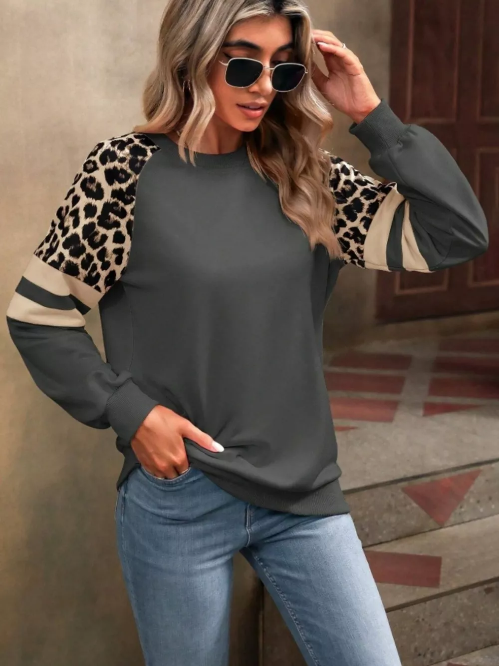 Leopard Round Neck Raglan Sleeve Sweatshirt, image 8