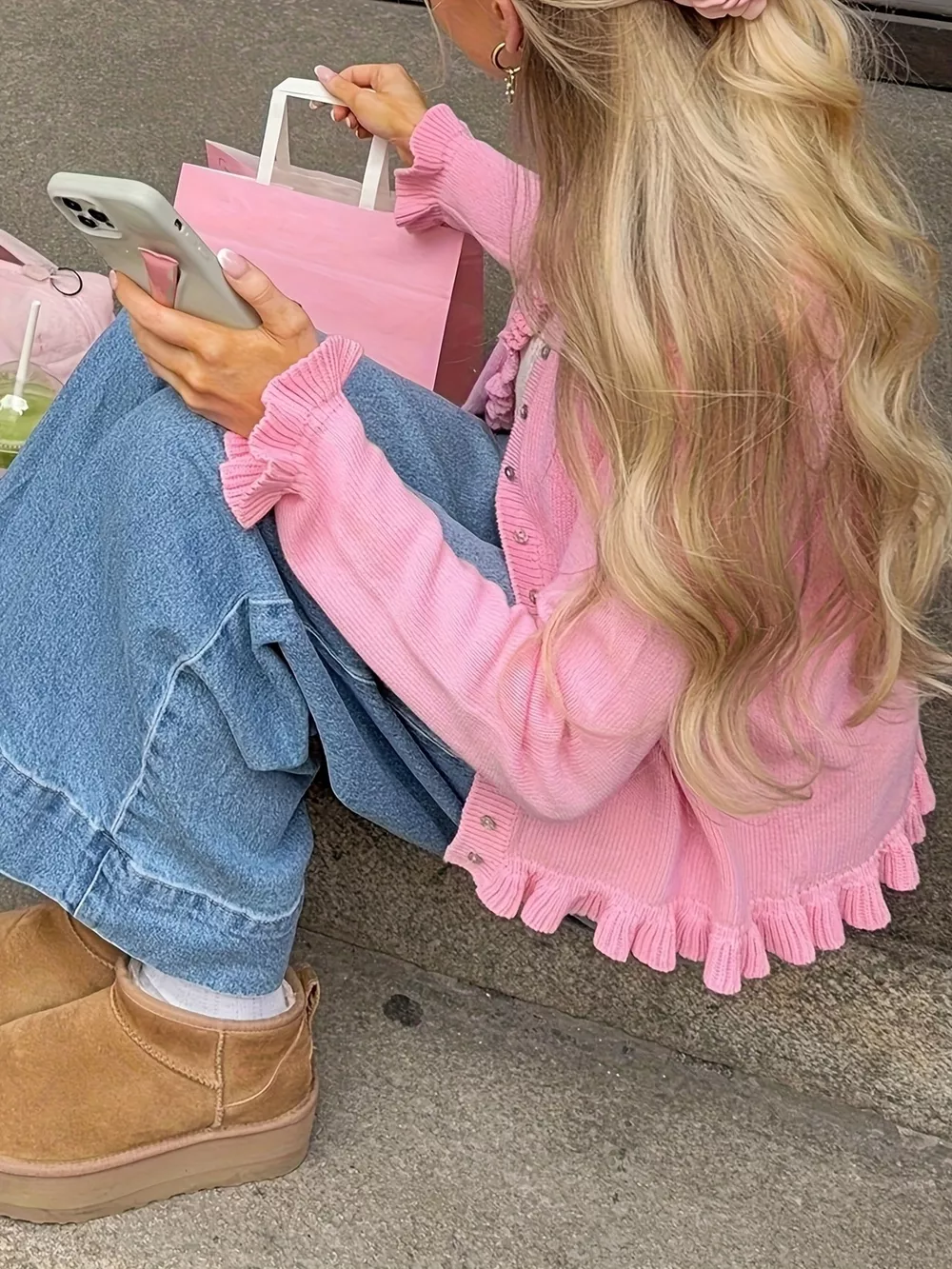 Ruffled Trim Knit Cardigan, image 4