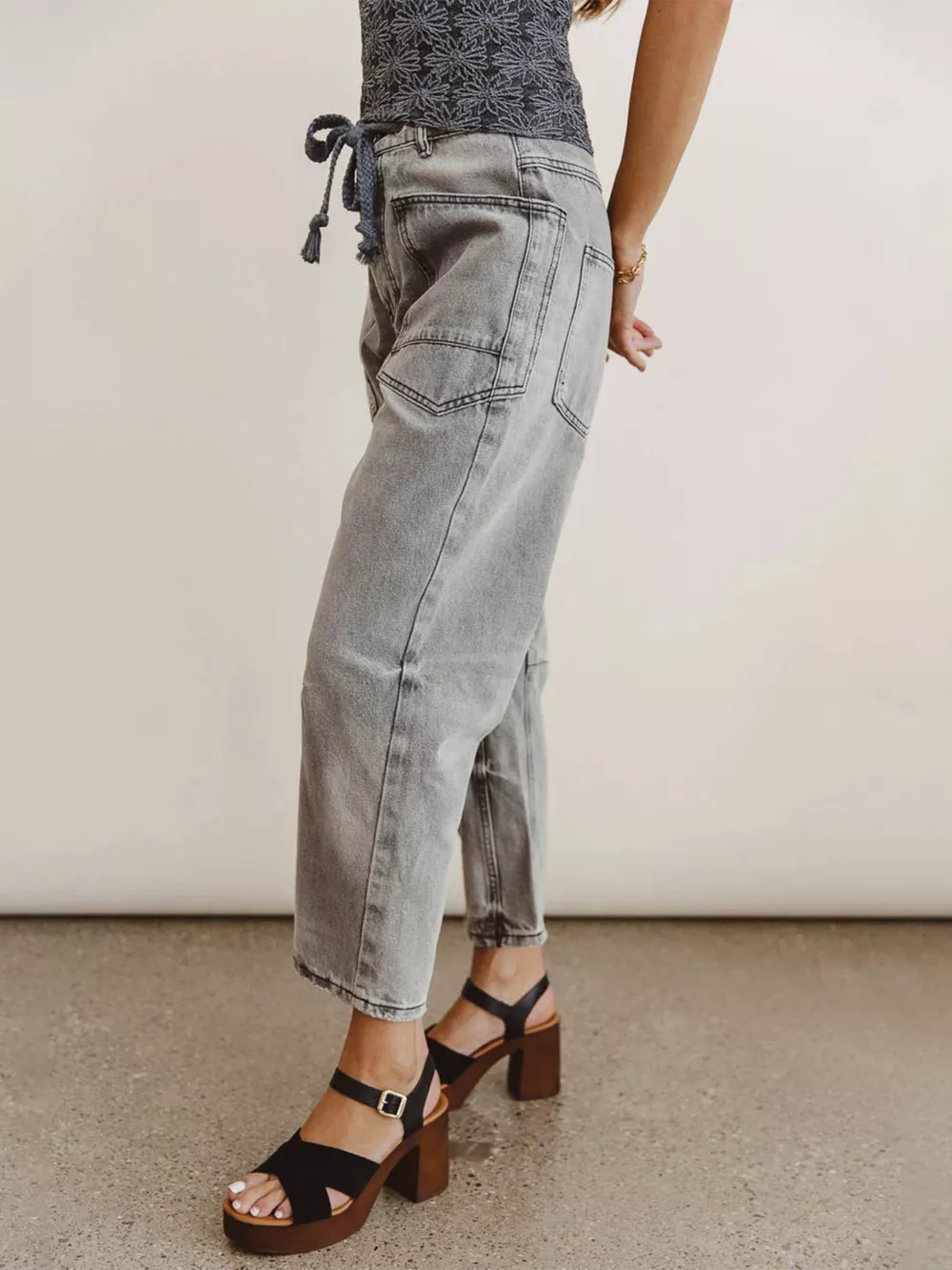 Drawstring Wide Leg Cropped Jeans, image 2