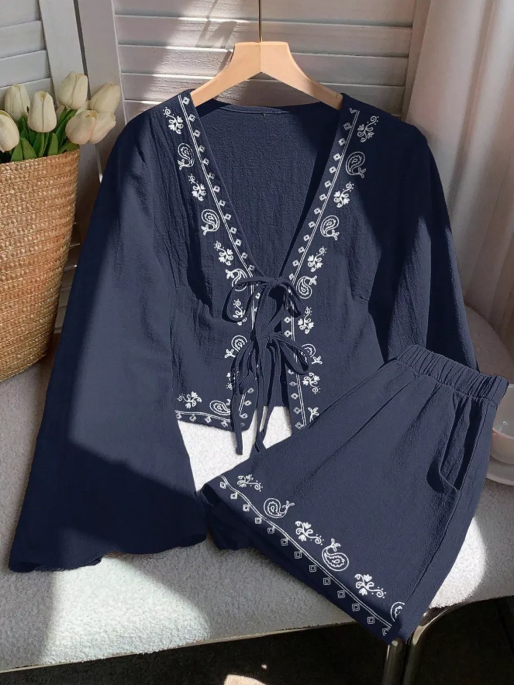 Embroidered Tie-Front Top & Shorts Set, image 18