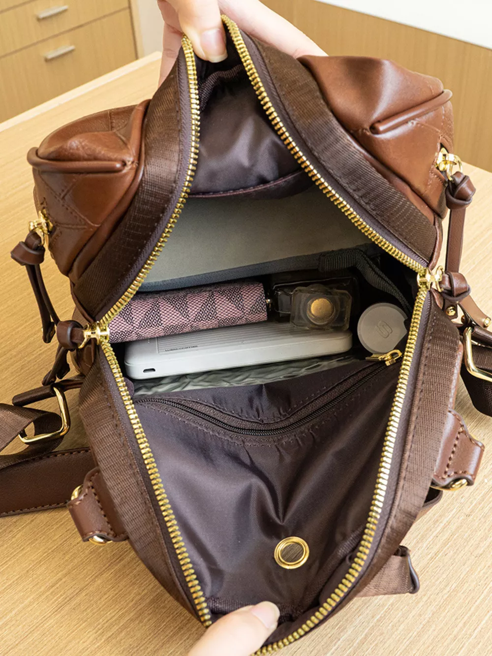 Patchwork Leather Convertible Backpack Bag, image 9