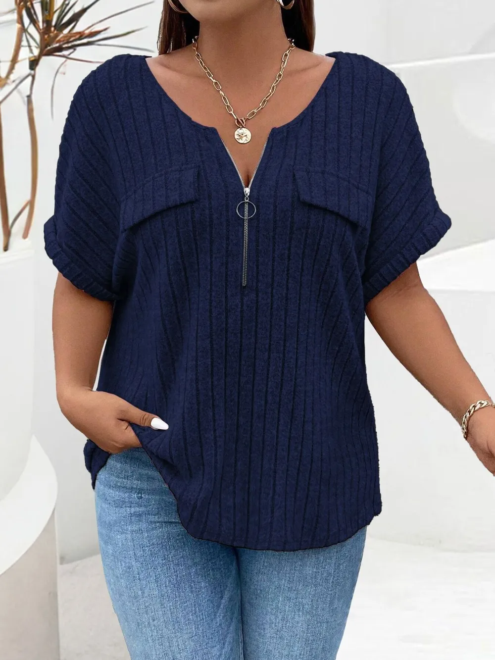 Plus Size Ribbed Half Zip Relaxed Fit T-Shirt, image 10