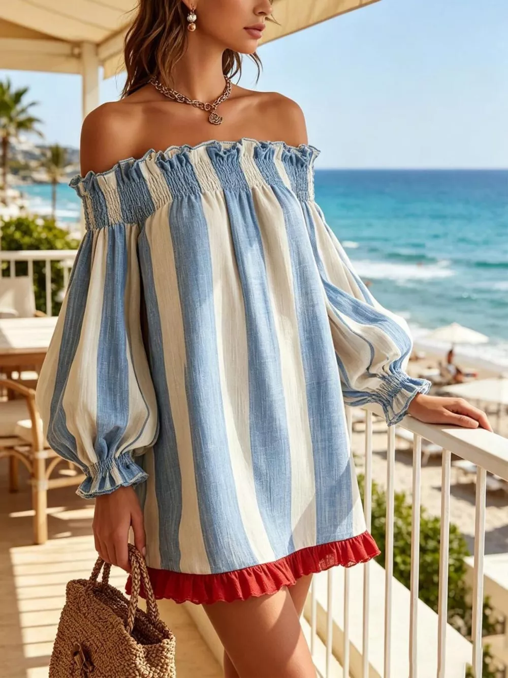 Off-Shoulder Striped Ruffle Hem Mini Dress, image 4