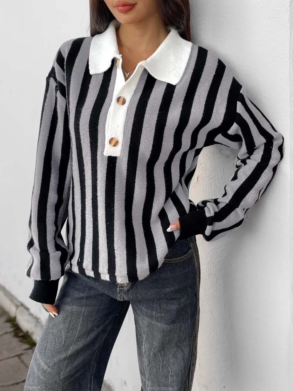 Striped Button Front Long Sleeve Sweater, image 5