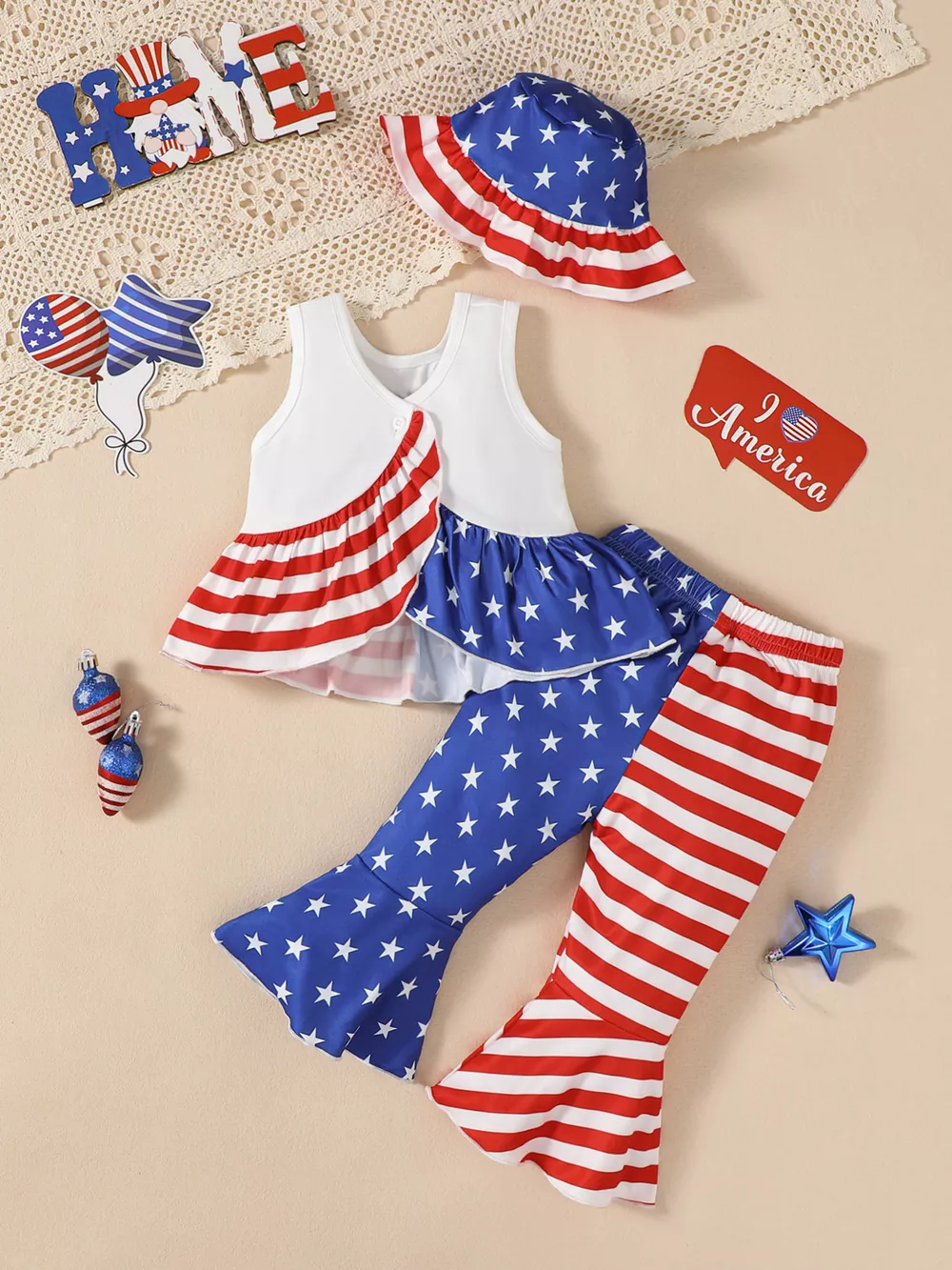 Children's Patriotic Tank and Pants Outfit Set with Hat, image 3