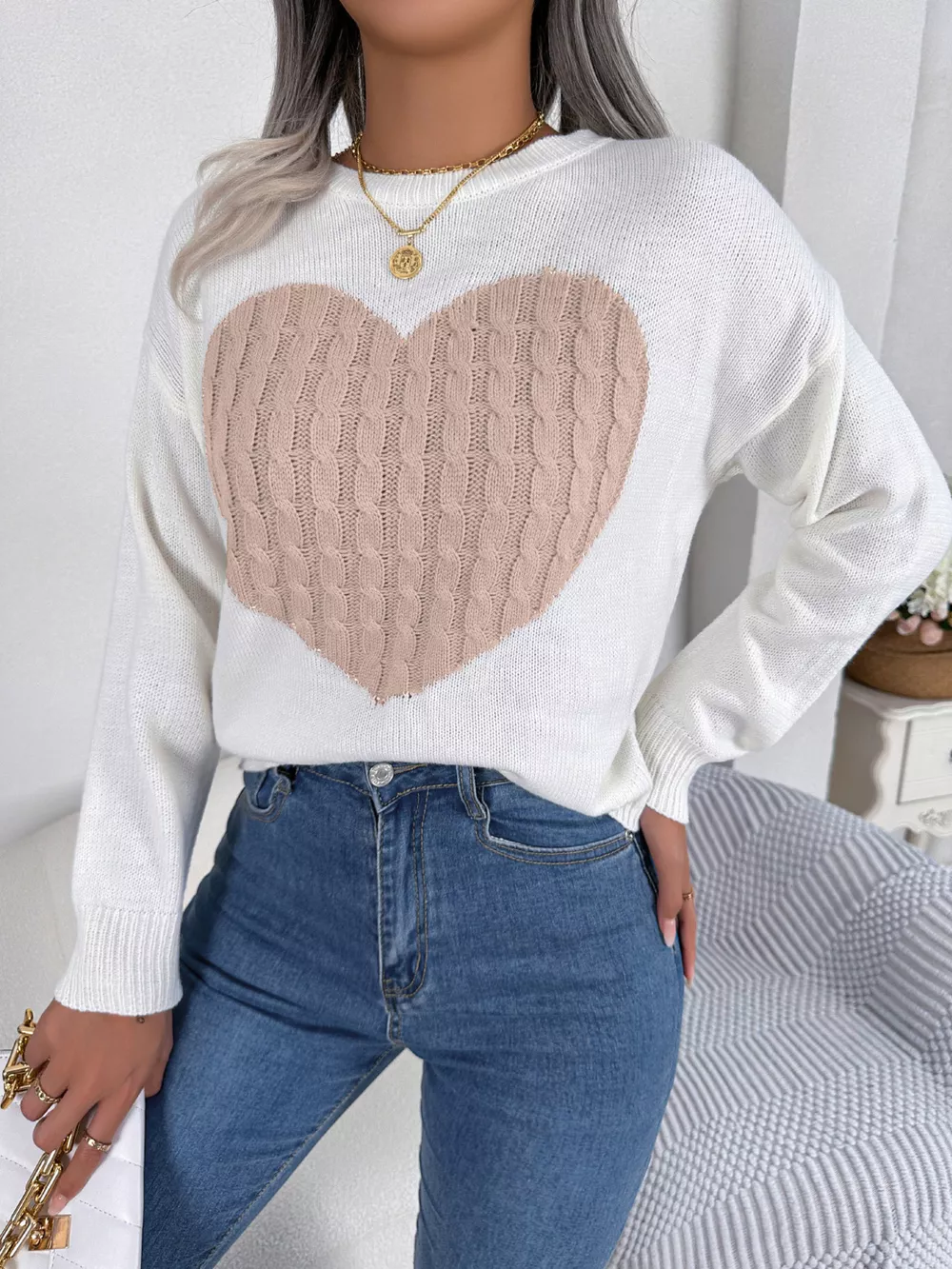 Cable Knit Heart Round Neck Sweater, image 10