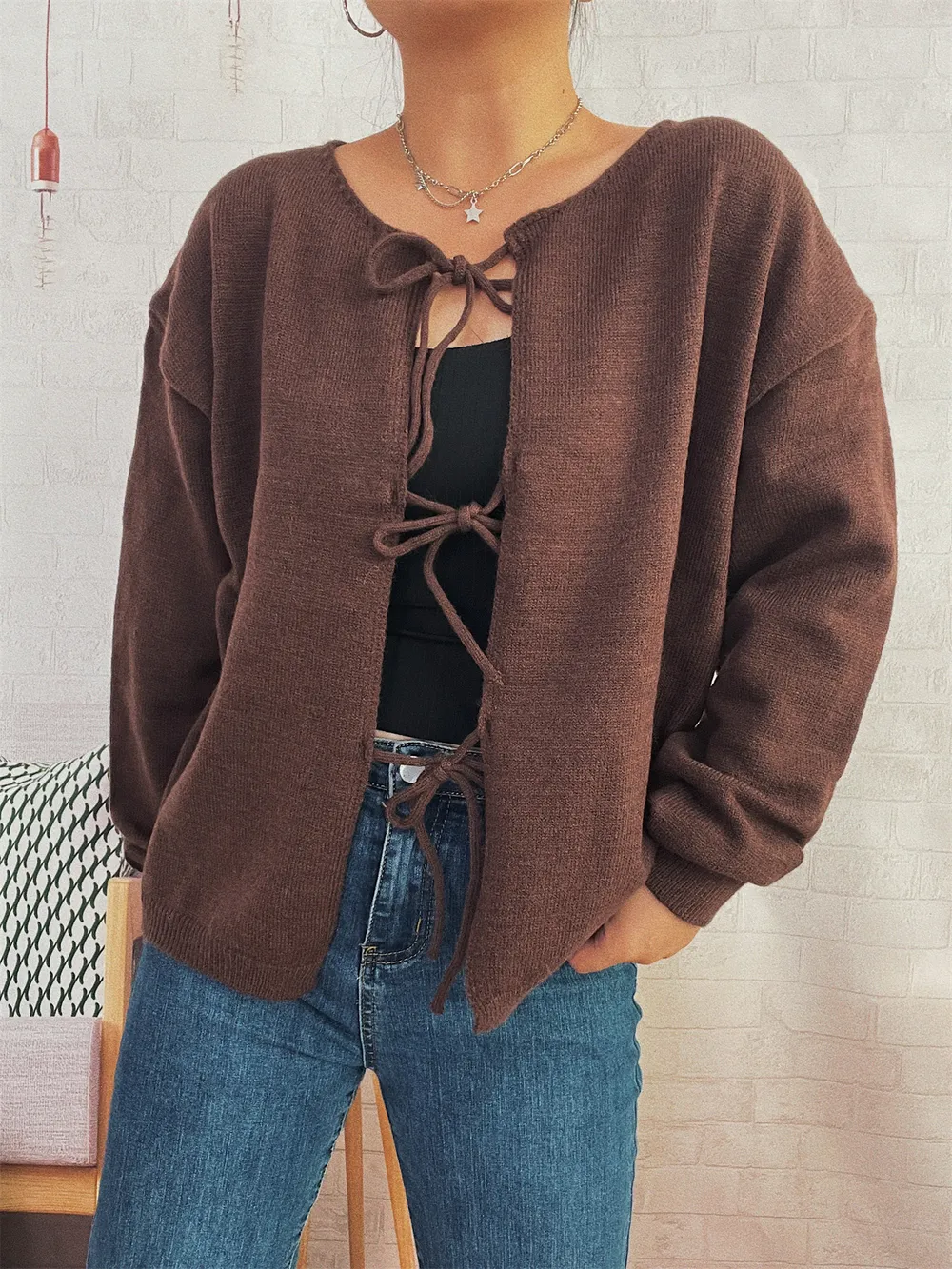 Tie Front Drop Shoulder Cardigan, image 12