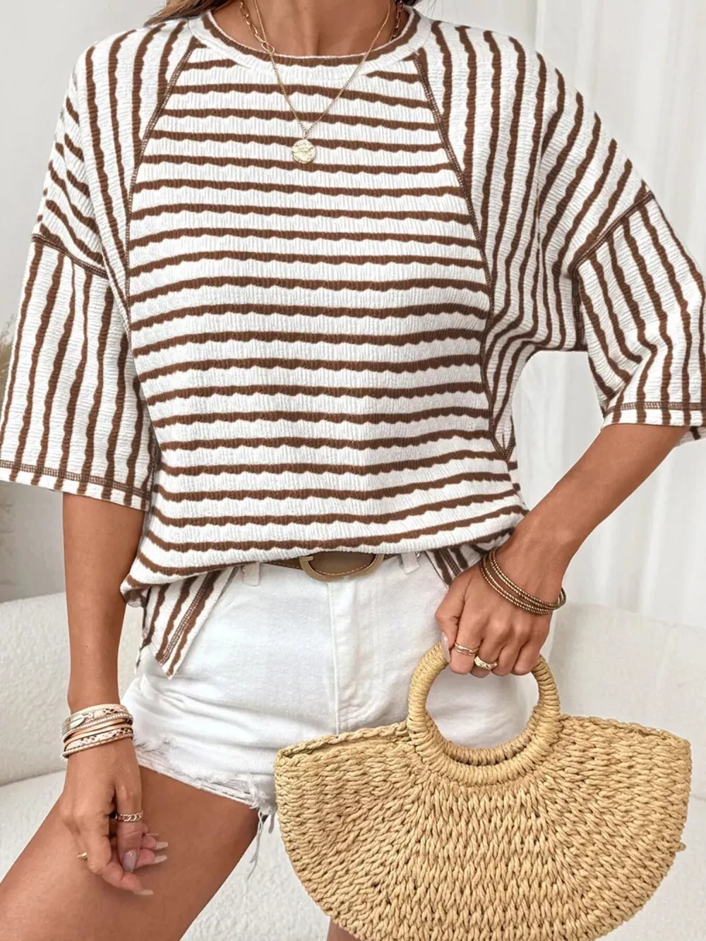 Casual Striped Raglan Sleeve Textured T-Shirt, image 17