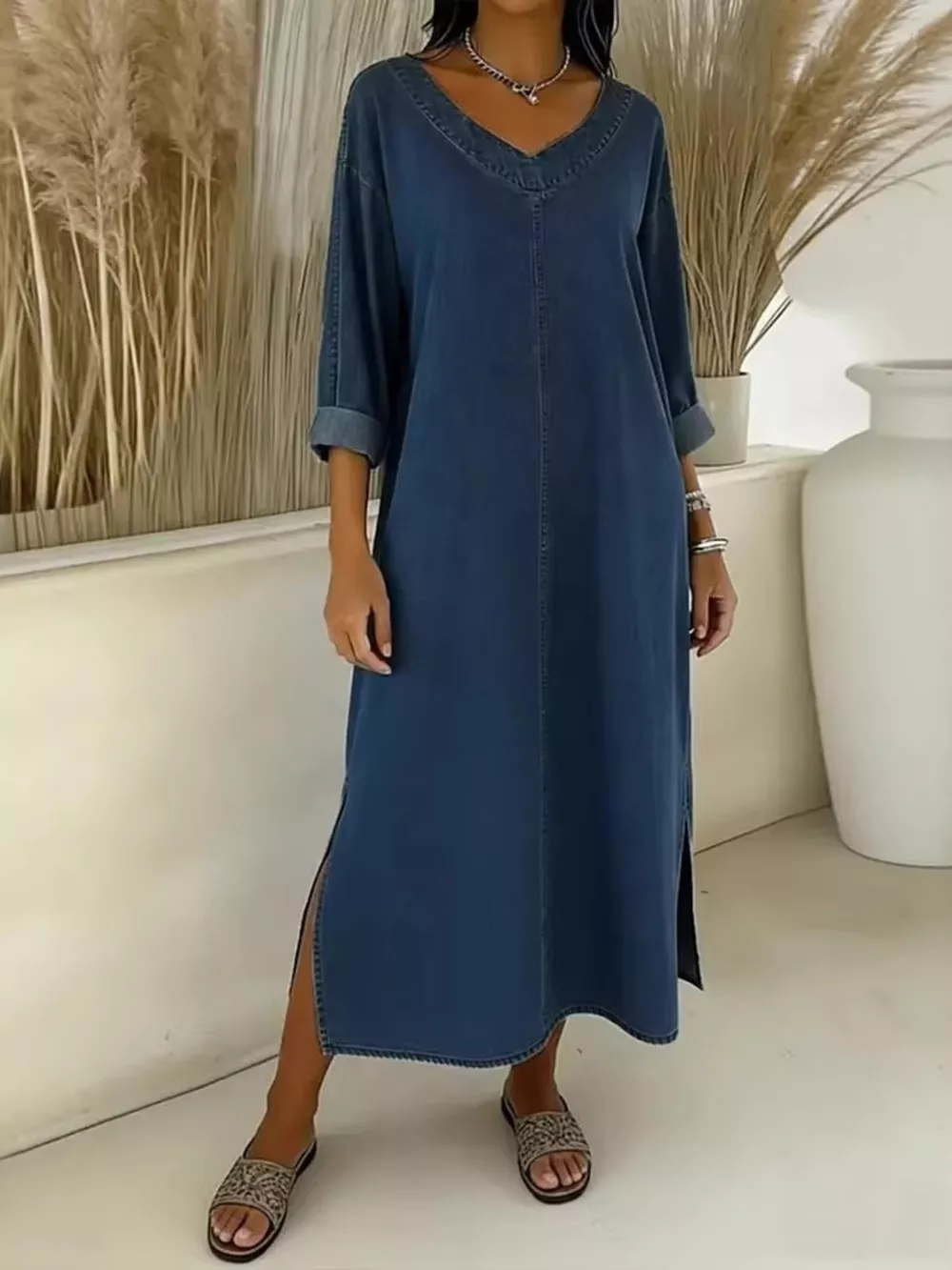 Side Slit V-Neck Midi Dress, image 5