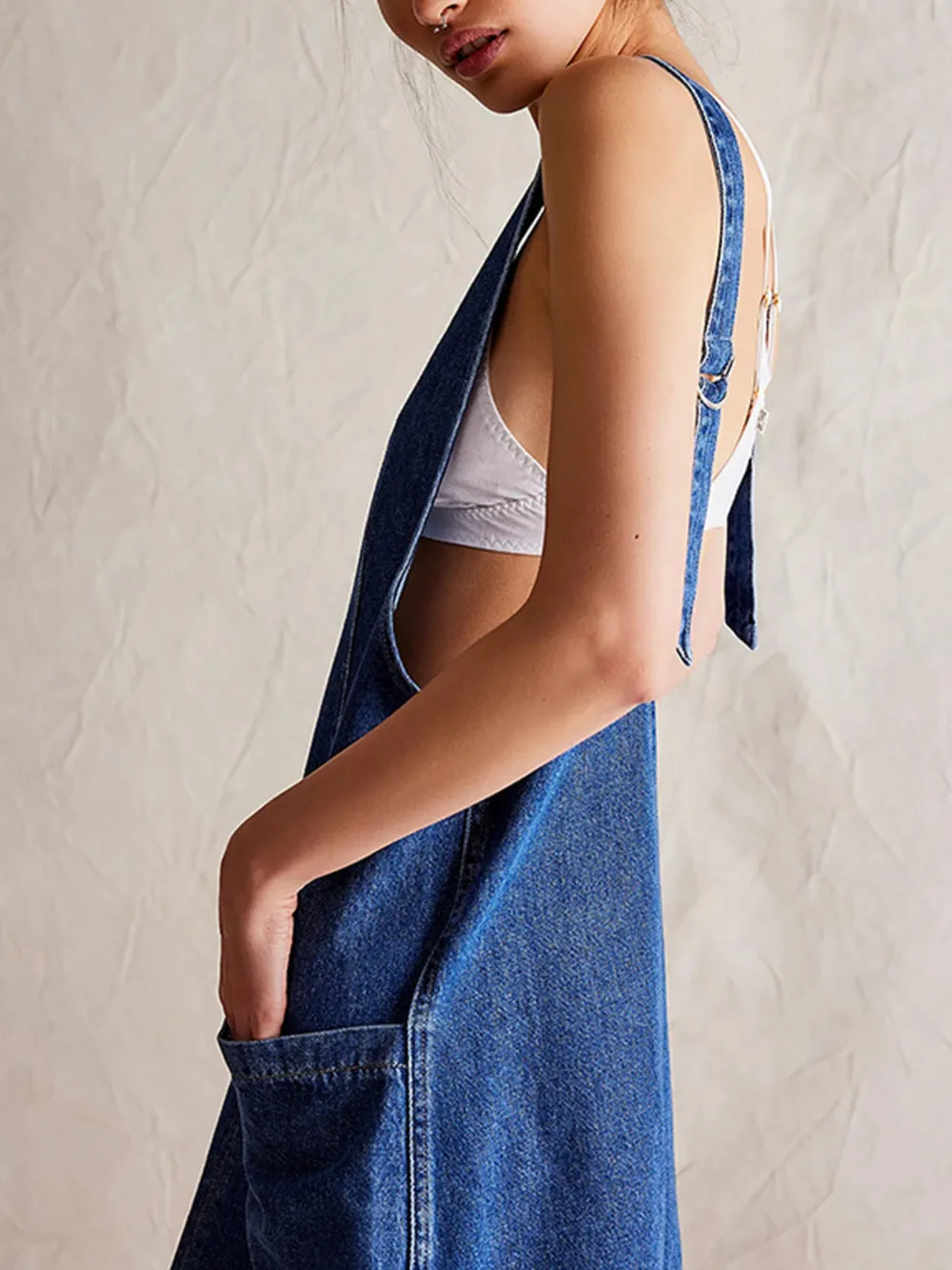 Oversized V-Neck Denim Tank Dress with Front Pockets, image 9
