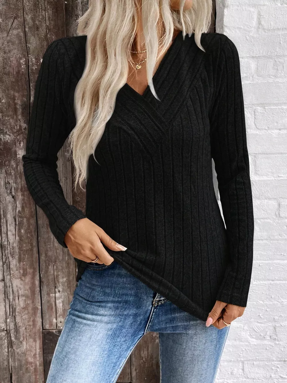 Ribbed V-Neck Long Sleeve T-Shirt, image 11