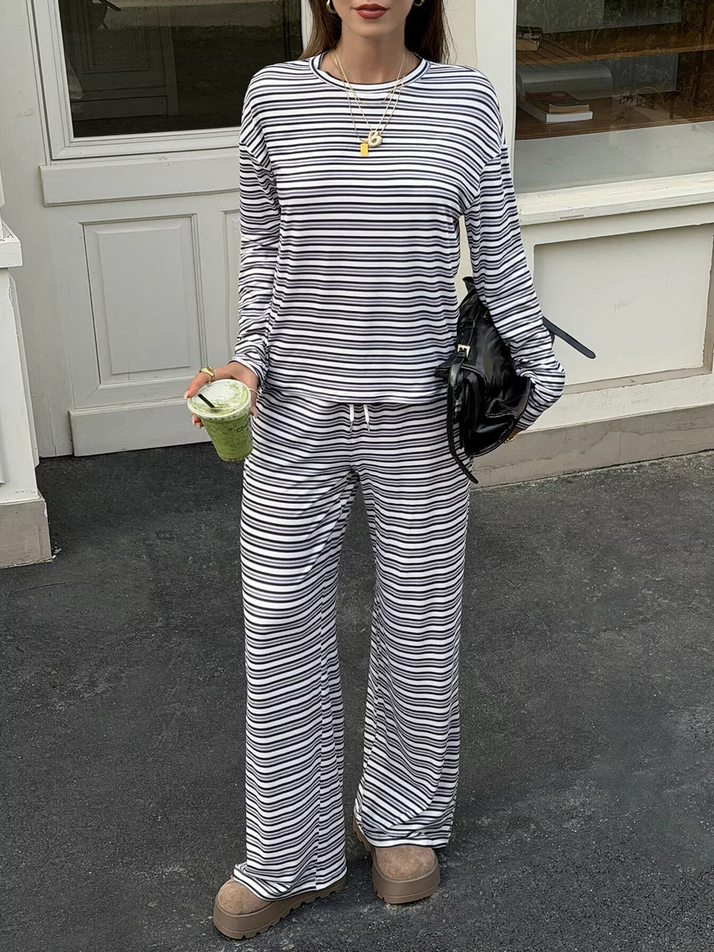 Striped Casual Long Sleeve Top and Wide Leg Pants Set, image 4