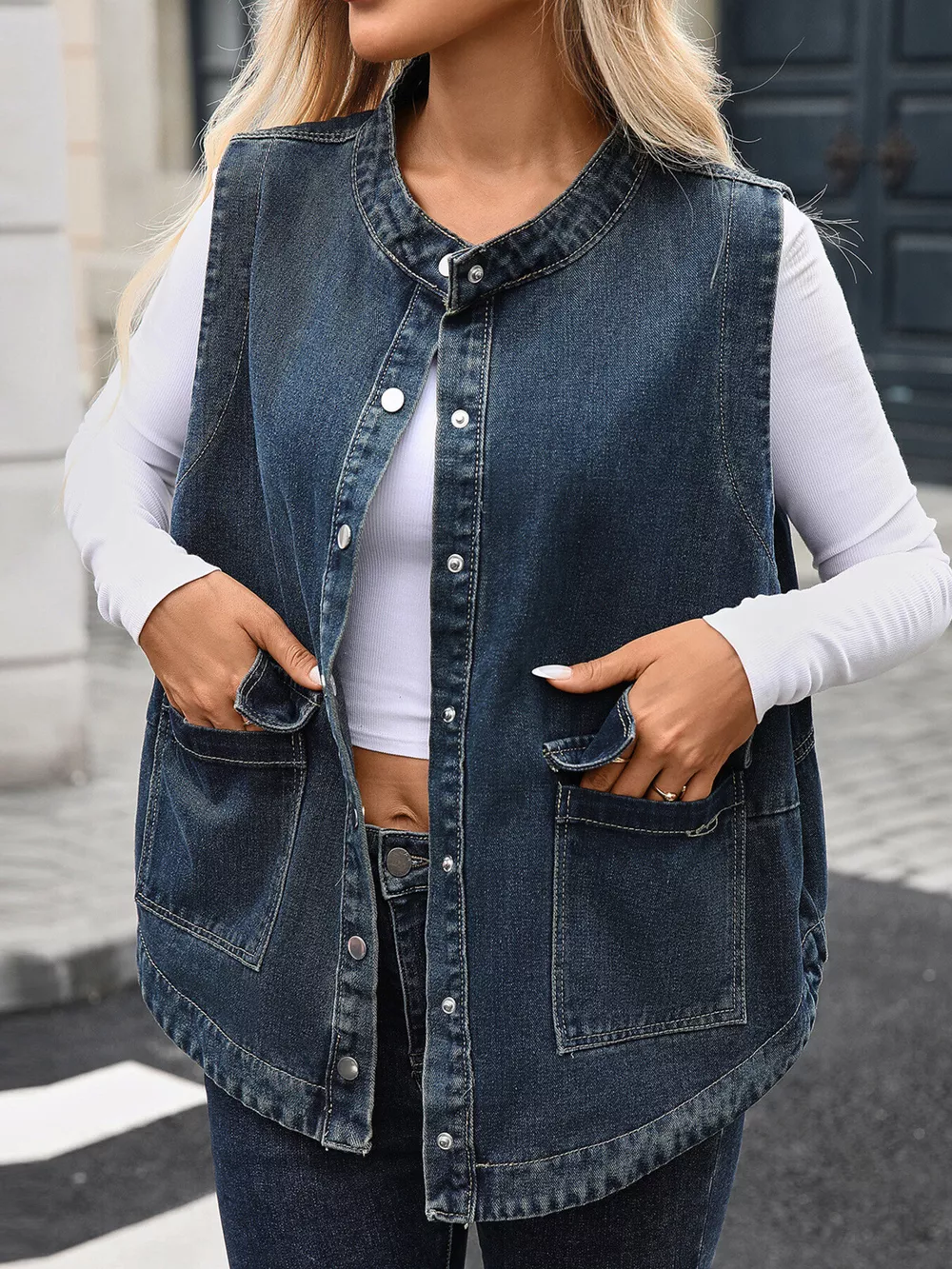 Snap Down Sleeveless Denim Jacket, image 10