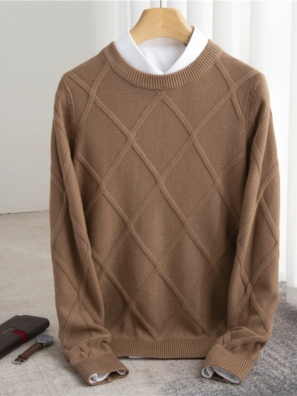 Men's Full Size Diamond Pattern Long Sleeve Sweater Plus Size, image 5