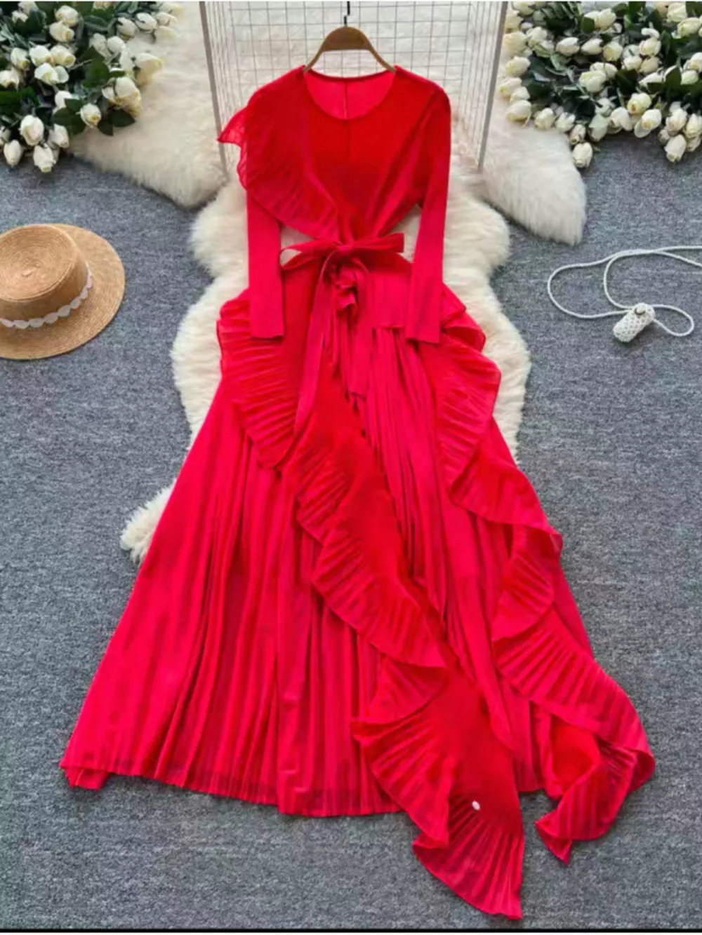 Ruffle Trim Pleated Midi Dress, image 7