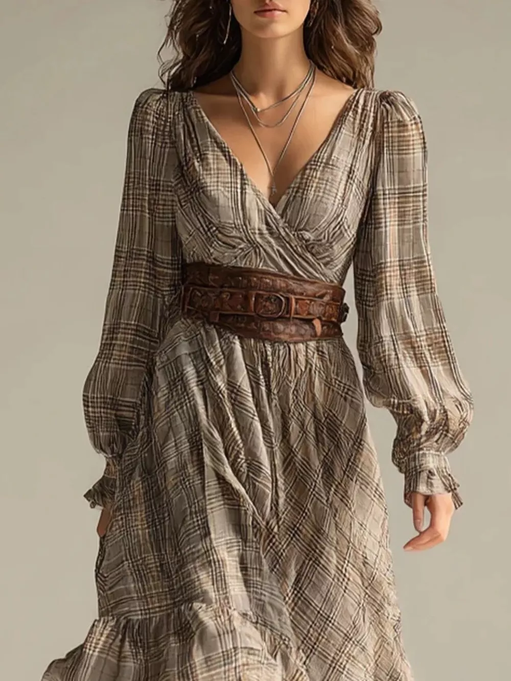 Plaid High-Low Long Sleeve Dress