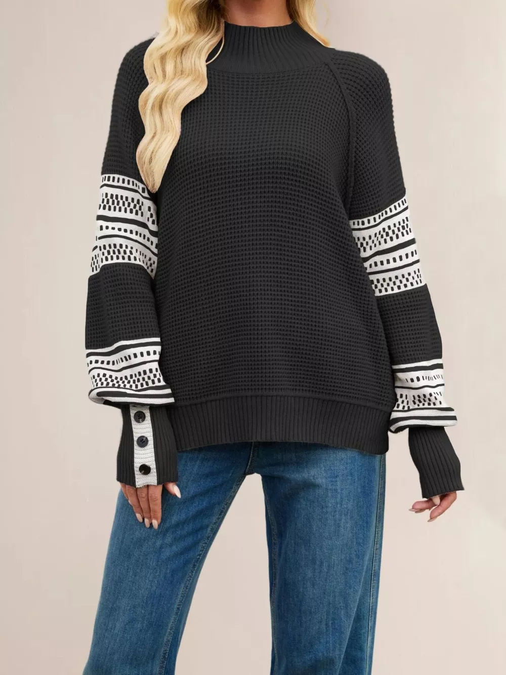 Color-Block Mock Neck Waffle Knit Sweater, image 6