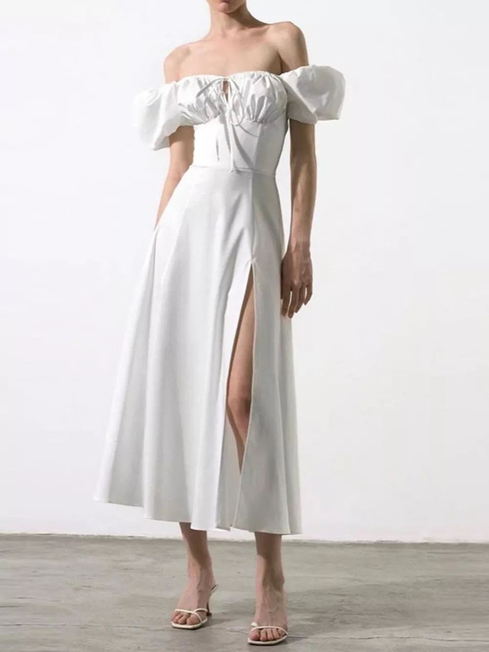 Puff Sleeve Tie Front Slit Midi Dress, image 14