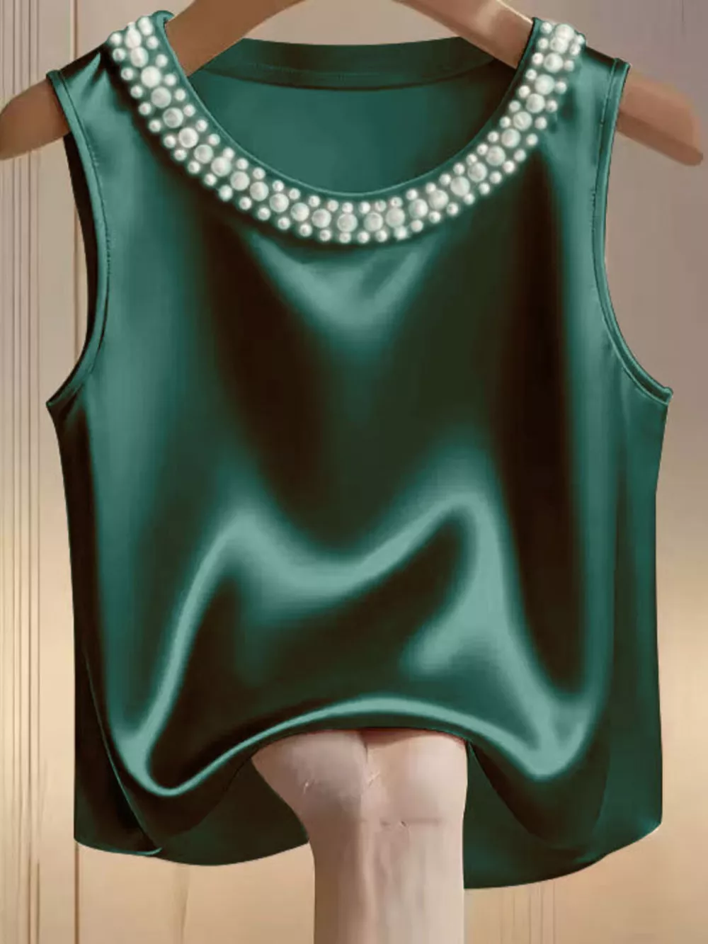 Pearl Embellished Satin Tank Top, image 5