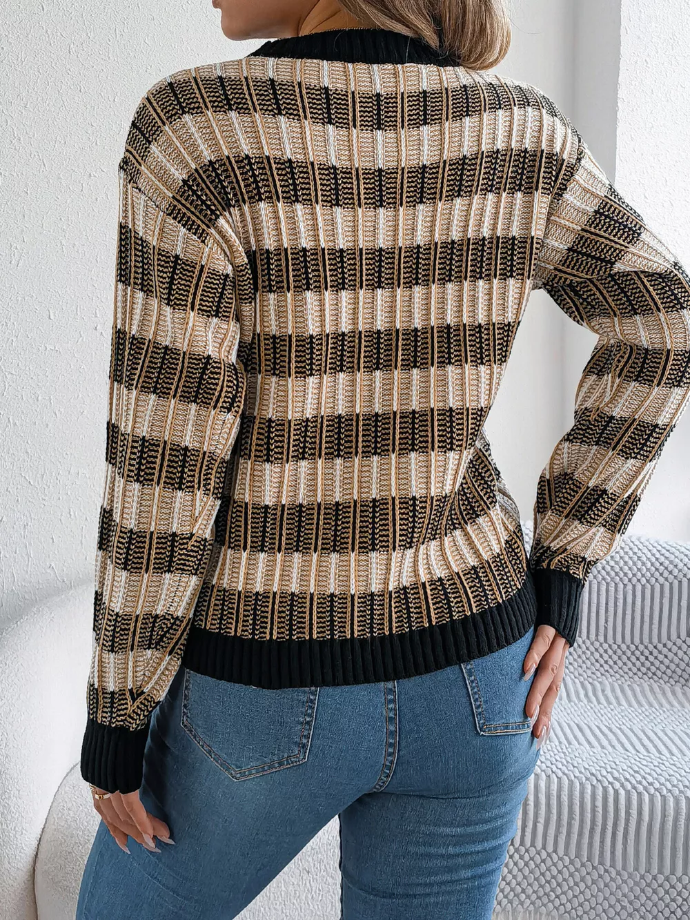 Striped Round Neck Long Sleeve Sweater, image 9