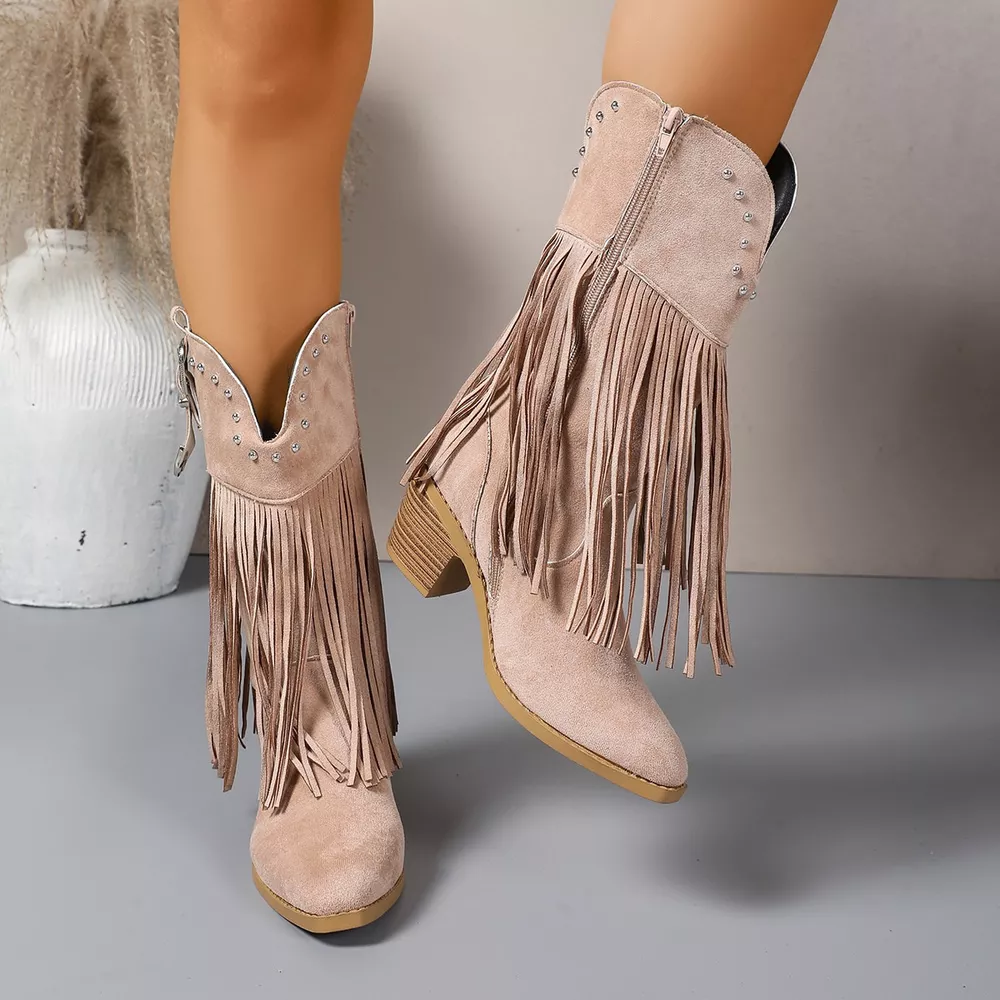 Fringe Round Toe Block Heels Boots, image 14