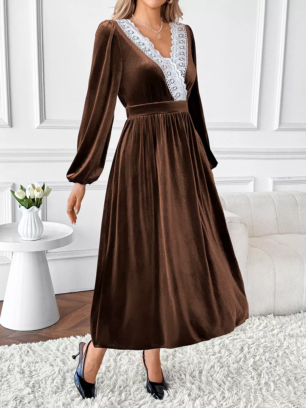 Velvet A-Line Dress with Lace Trim, image 2
