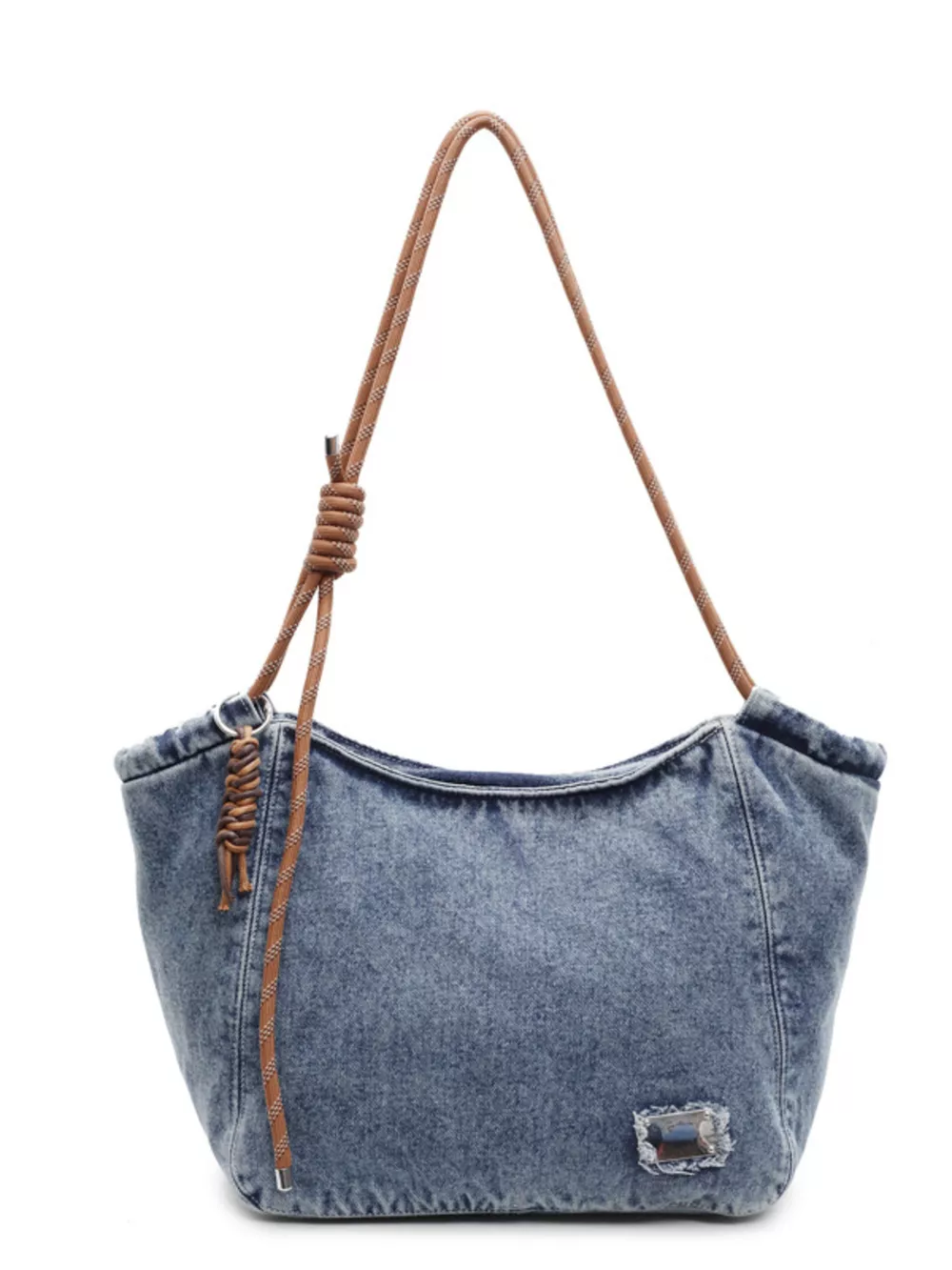 Denim Hobo Tote Bag with Rope Strap, image 3