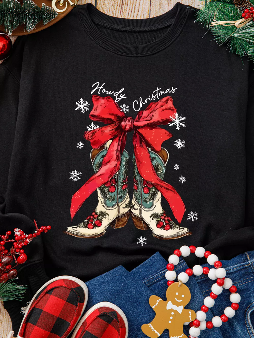 Howdy Christmas Ribbon Bow Knot Western Boots Graphic Sweatshirt, image 3