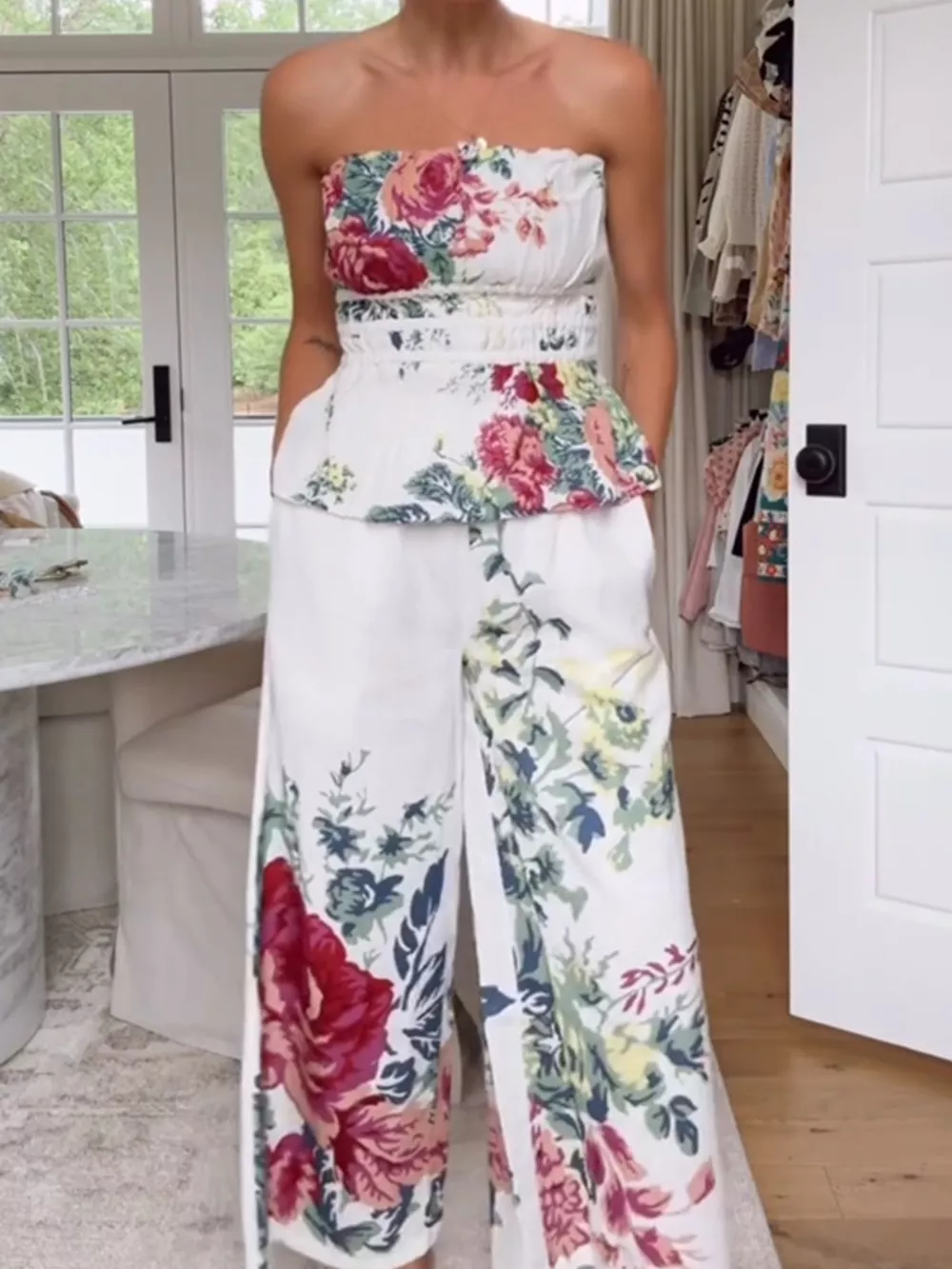 Floral Print Strapless Top and Wide-Leg Pants Set, image 7