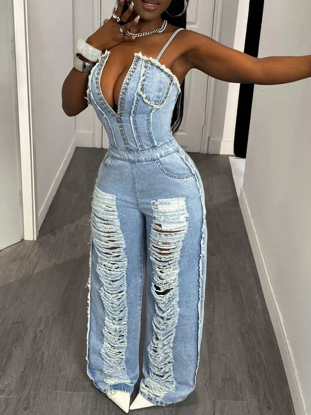 Distressed Spaghetti Strap Wide-Leg Denim Jumpsuit