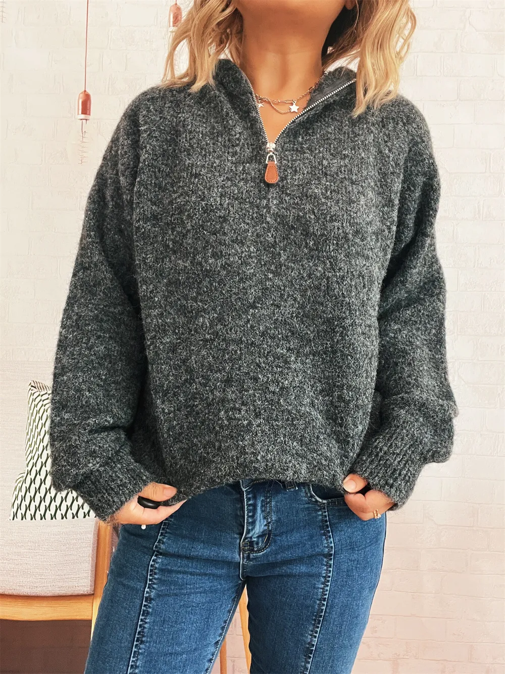 Quarter Zip Ribbed Hem Sweater, image 17