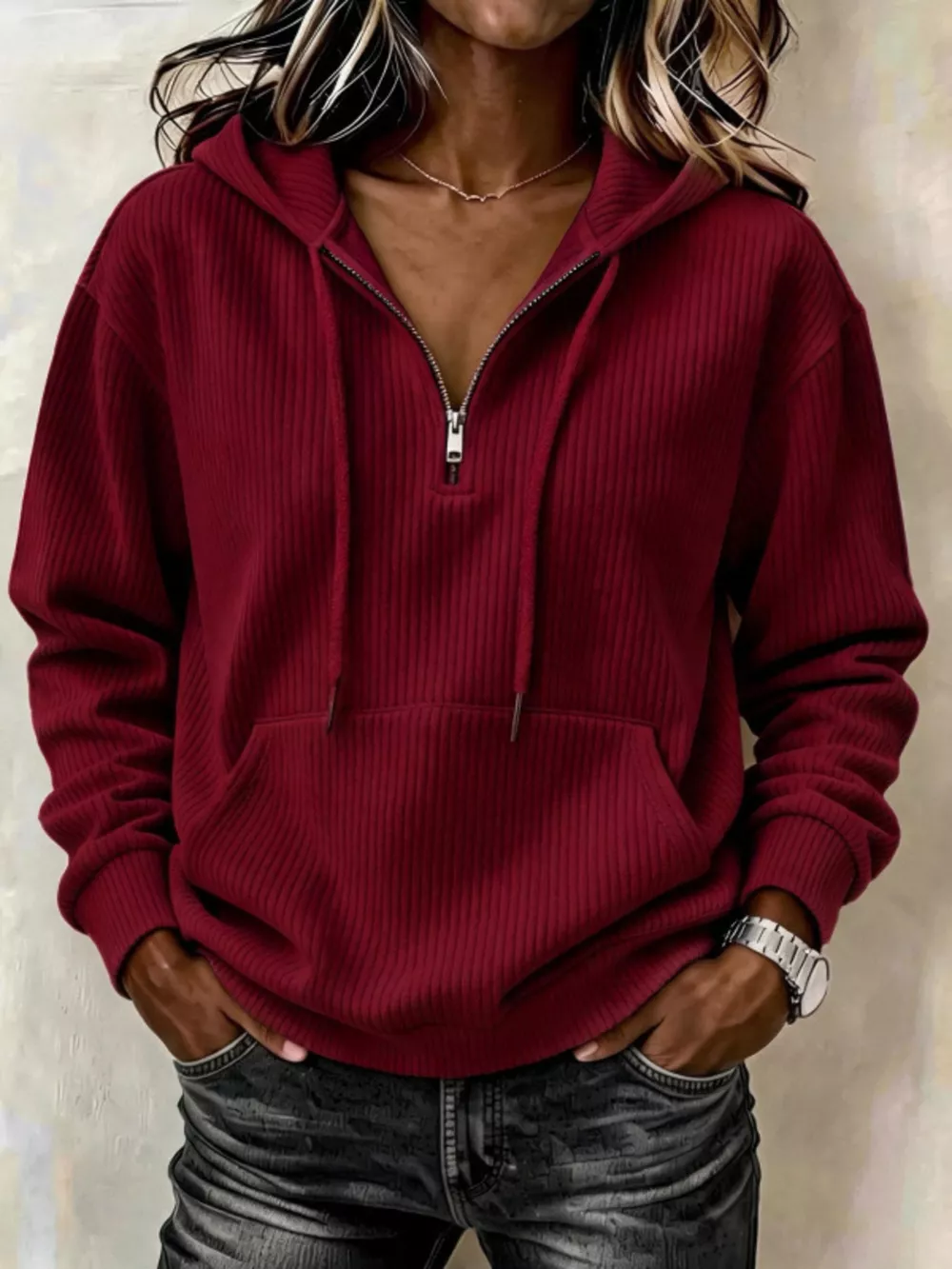 Ribbed Knit Quarter-Zip Hoodie, image 19
