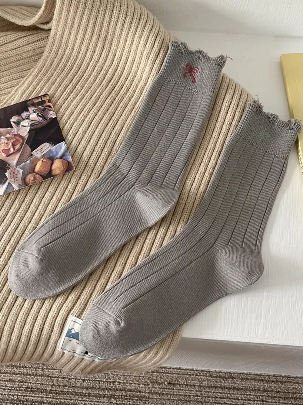 Bow Embroidery Ribbed Crew Socks, image 4