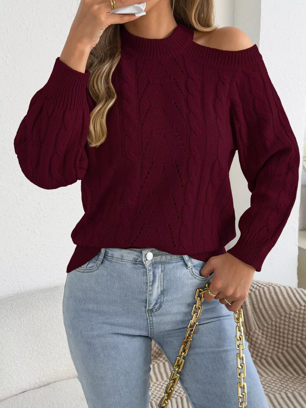 Cold Shoulder Cable Knit Sweater, image 18