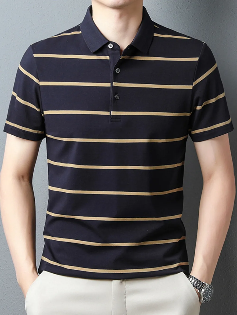 Men's Plus Size Striped Button Detail Short Sleeve Polo