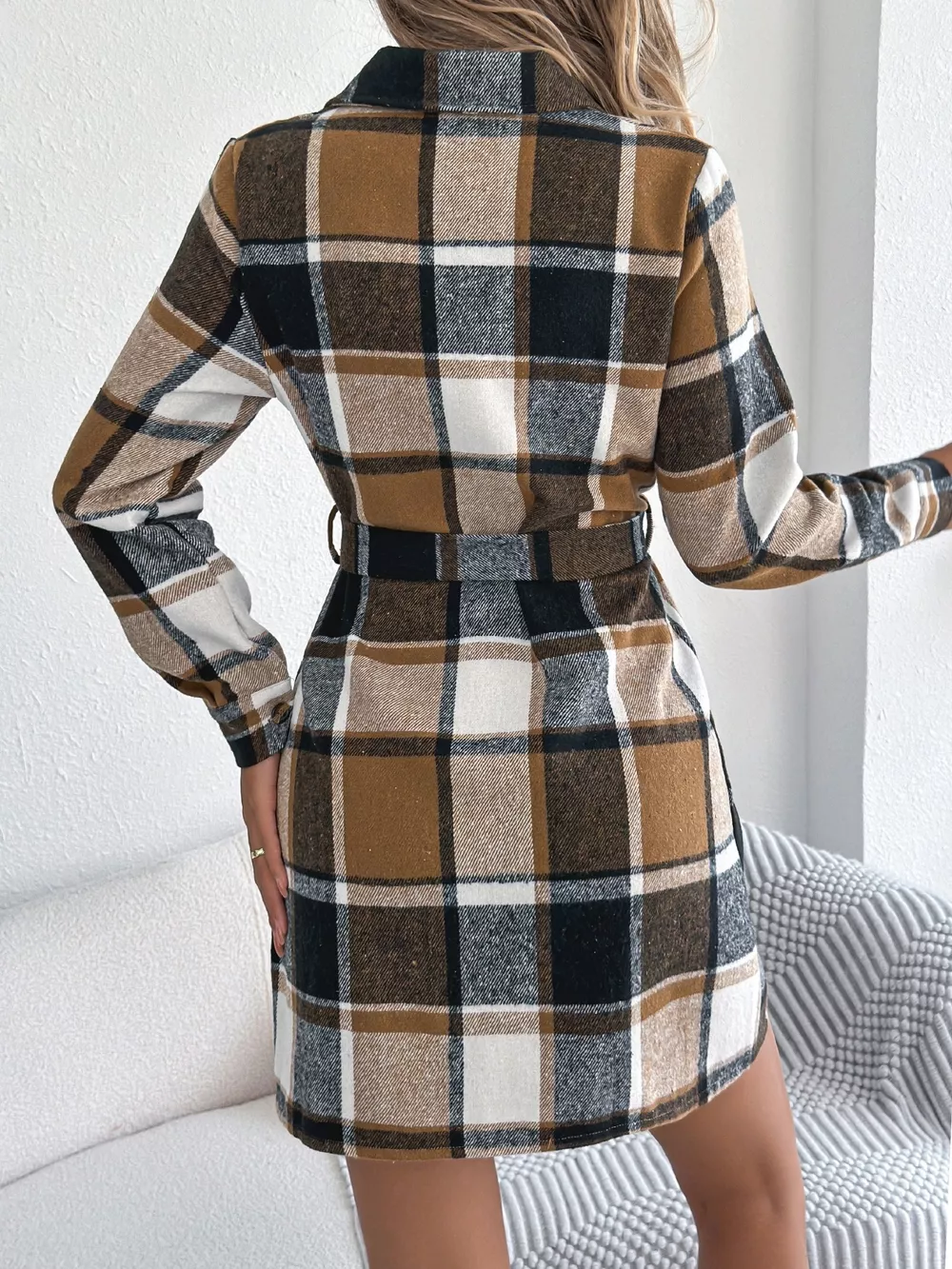 Plaid Button Front Tie Waist Shirt Dress, image 3